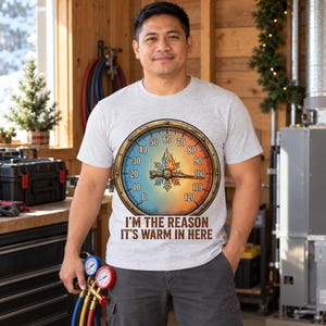 Warm In Here HVAC Christmas shirt — worn by model