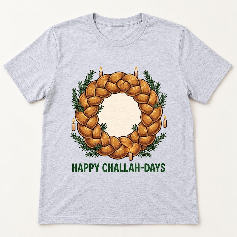 Happy Challah-days Hanukkah shirt — flat lay