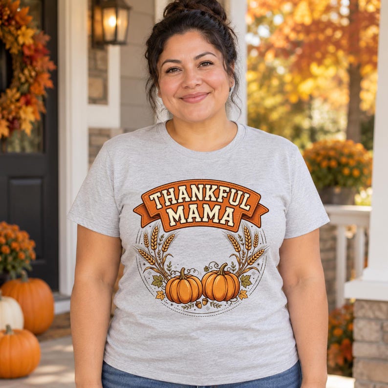 Thankful Mama Thanksgiving shirt — worn by model