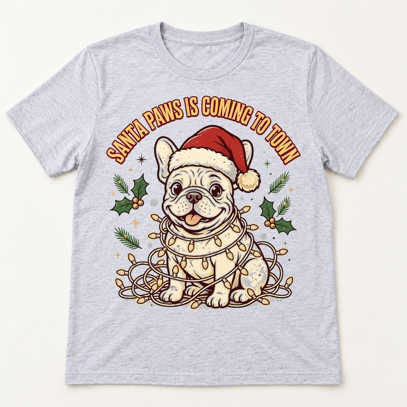 Frenchie Santa Paws Christmas shirt — flat lay