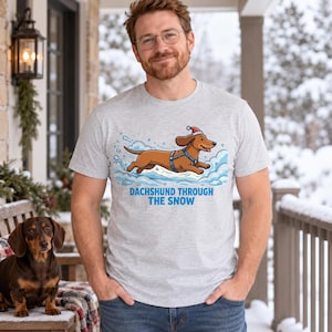 Dachshund Through the Snow Christmas shirt — worn by model
