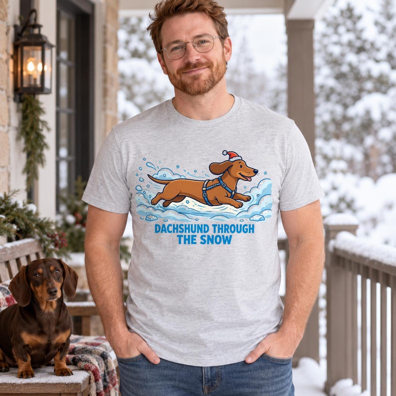 Dachshund Through the Snow Christmas shirt — worn by model