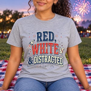 Red White and Distracted shirt — lifestyle photo