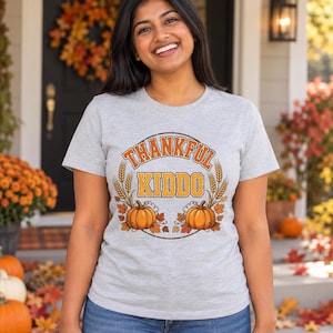 Thankful Kiddo Thanksgiving shirt — worn by model