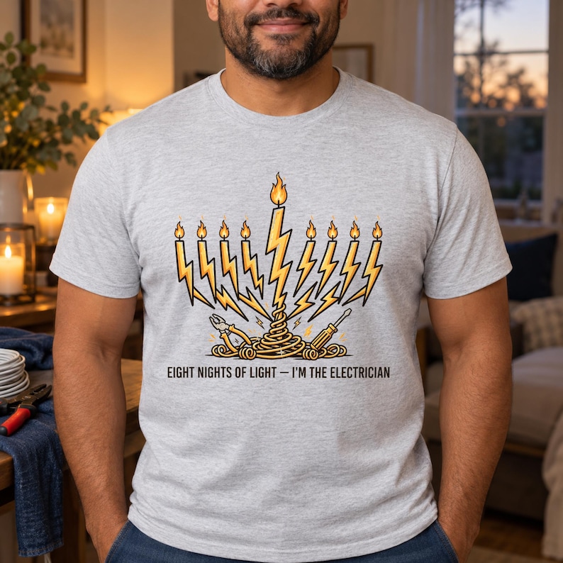 Eight Nights of Light Hanukkah shirt — worn by model