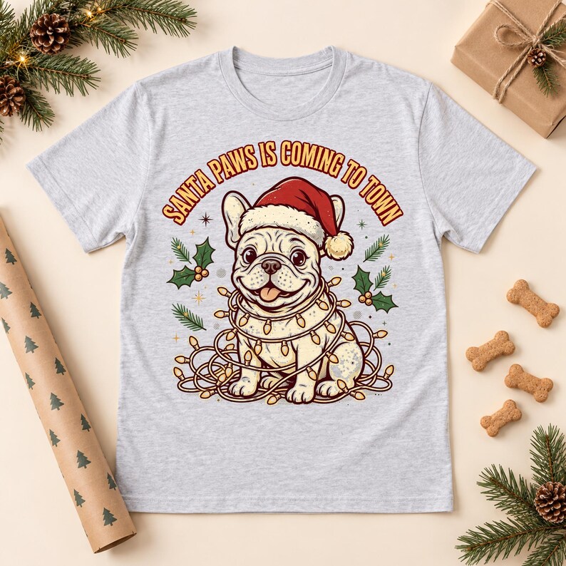 Frenchie Santa Paws Christmas shirt — lifestyle photo