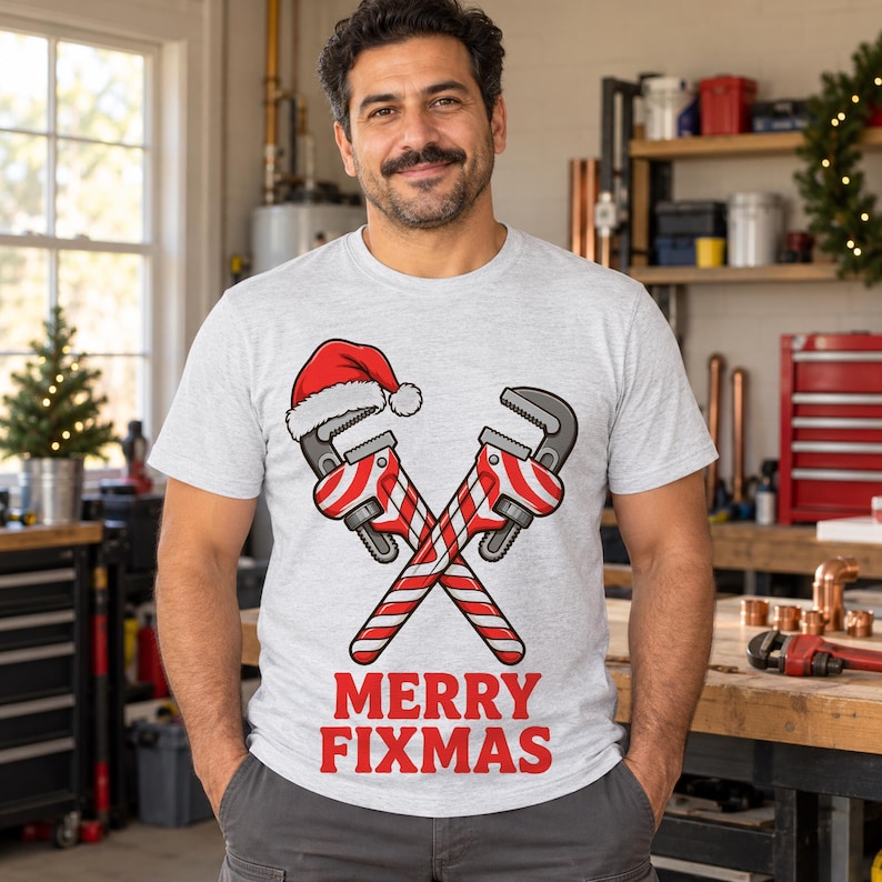 Fixmas Plumber Christmas shirt — worn by model