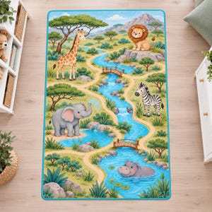 Safari River Rectangular Rug, Blue Water and Green Savanna with Lion, Elephant and Giraffe, Kids Playroom Decor