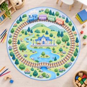 Train Scene Rug, Blue Engine and Colorful Cars with River, Bridge and Station for Transportation Nursery and Playroom
