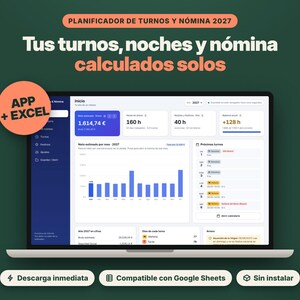 Puede incluir: Una pantalla de portátil que muestra un panel de control de planificación de turnos y nómina para 2027 con gráficos, datos financieros y calendarios. El texto incluye Planificador de turnos y nómina 2027 y App + Excel.