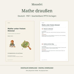 Könnte beinhalten: Bildungsdokument mit dem Titel Mosselvi Mathe draußen, bestehend aus zwei Seiten mit Matheaufgaben. Die linke Seite zeigt ein Kind mit Blättern und einer Lupe. Die rechte Seite listet Aufgaben unter der Überschrift Mathe unter freiem Himmel auf.