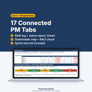 17 Connected Tabs Project Management Template Bundle, RAID Log, Status Report, Stakeholder Map, RACI Matrix, Retro, Excel & Google Sheets