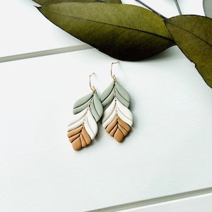 Sage Green + Cream + Camel Feather Polymer Clay Earrings