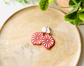 Coral Orange + White Flower Polymer Clay Earrings
