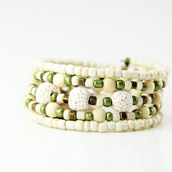 Lava Stone Memory Wire Bracelet with Olive Green and Cream Beads