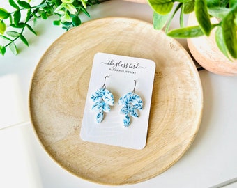 White Leaf Polymer Clay Earrings with Vintage Blue Floral Print