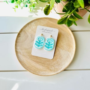 Aqua Blue Floral Sketch Polymer Clay Earrings