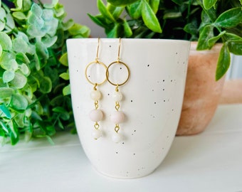 Cream Quartz Stone Beaded Earrings with Brass Circles