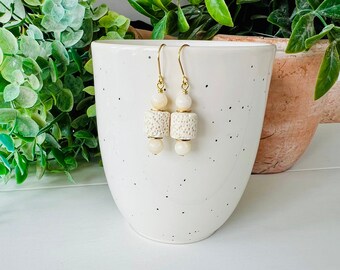 Cream Quartz and Lava Stone Earrings