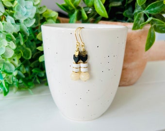 Cream + White Stone Beaded Earrings with Black Hematite Arrows