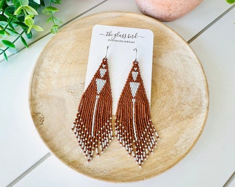 Rust + Silver Boho Glass Beaded Fringe Earrings