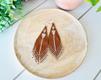 Rust + Silver Boho Glass Beaded Fringe Earrings