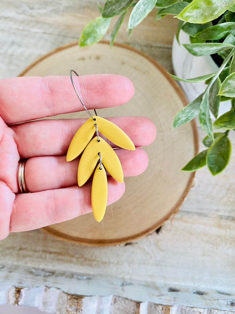 Tropical Leaves Clay Hoop Earrings Mustard Yellow image 2