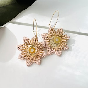 Embossed Flower Polymer Clay Hoop Earrings with Brass Sunburst