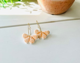 Peach Floral Butterfly Hoop Earrings - Polymer Clay Hoops