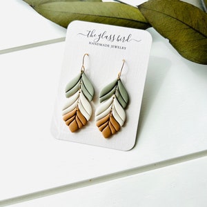 Sage Green Cream Camel Feather Polymer Clay Earrings image 7