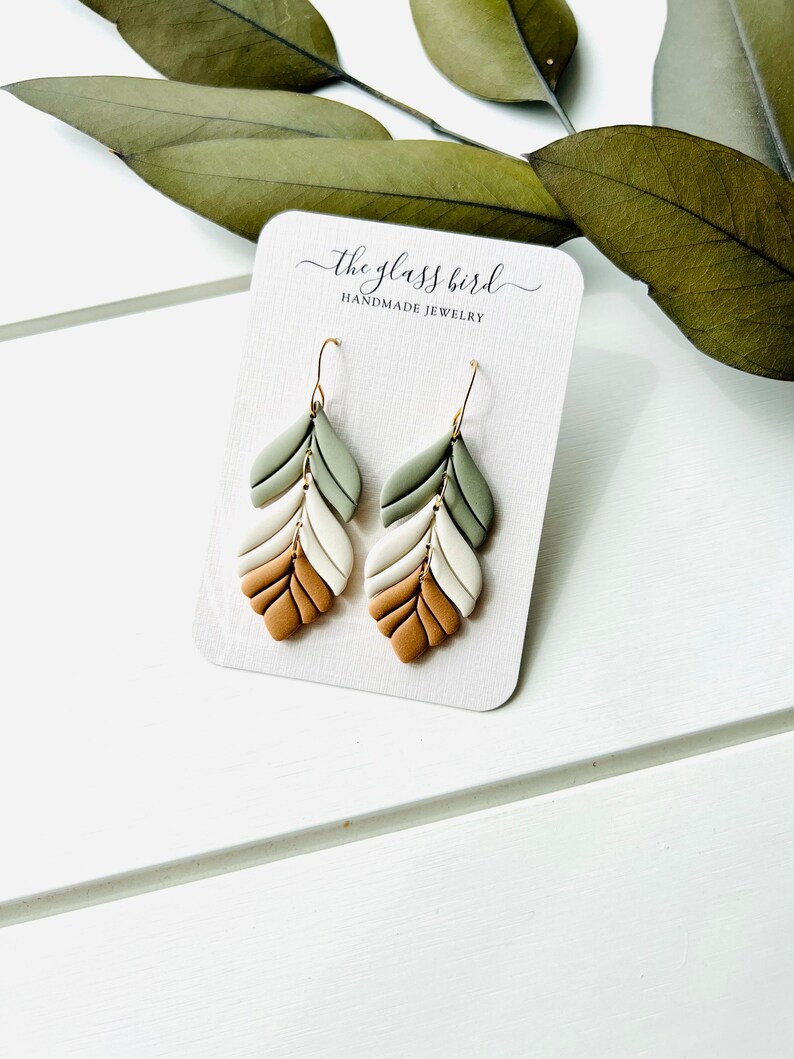 Sage Green Cream Camel Feather Polymer Clay Earrings image 7