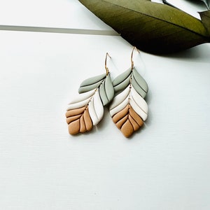 Sage Green Cream Camel Feather Polymer Clay Earrings image 4