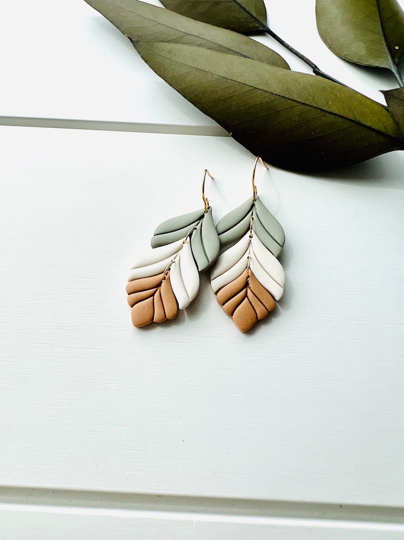 Sage Green Cream Camel Feather Polymer Clay Earrings image 4