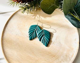 Polymer Clay Leaf Earrings - Emerald Green