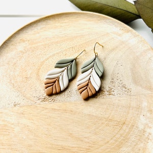 Sage Green Cream Camel Feather Polymer Clay Earrings image 10