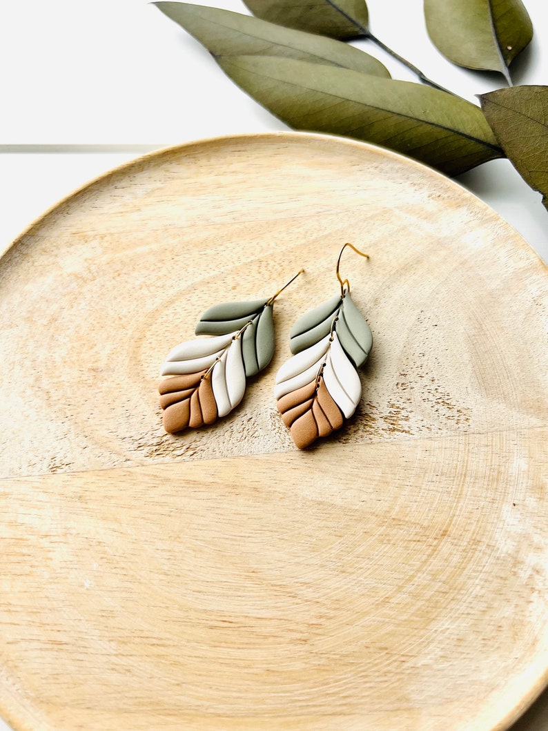 Sage Green Cream Camel Feather Polymer Clay Earrings image 10