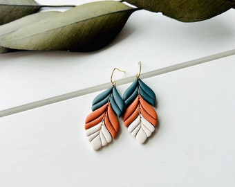 Teal + Orange + White Feather Polymer Clay Earrings