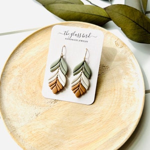 Sage Green Cream Camel Feather Polymer Clay Earrings image 2