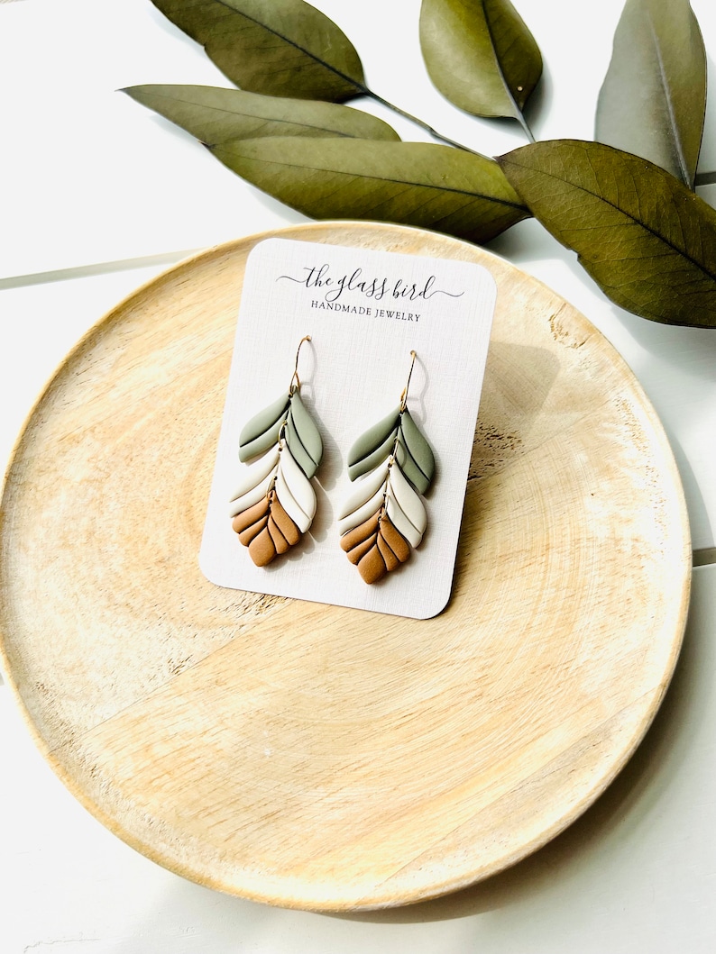 Sage Green Cream Camel Feather Polymer Clay Earrings image 2