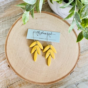 Tropical Leaves Clay Hoop Earrings Mustard Yellow image 1