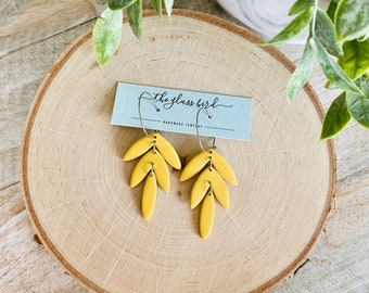Tropical Leaves Clay Hoop Earrings - Mustard Yellow