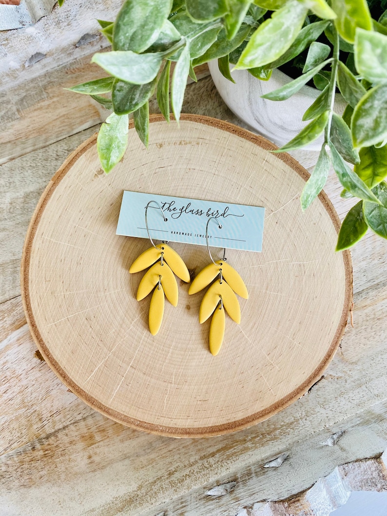 Tropical Leaves Clay Hoop Earrings Mustard Yellow image 1