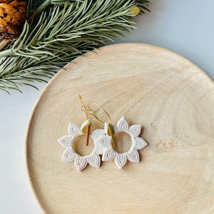 White Sunburst Mandala Polymer Clay Hoop Earrings