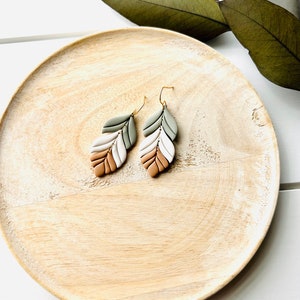 Sage Green Cream Camel Feather Polymer Clay Earrings image 9