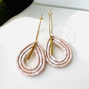 Pink Teardrop Polymer Clay Hoop Earrings with Brass Bar image 3