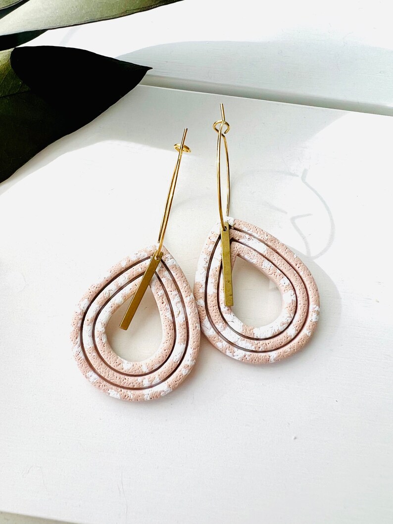 Pink Teardrop Polymer Clay Hoop Earrings with Brass Bar image 3