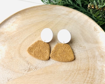 White and Mustard Floral Polymer Clay Earrings