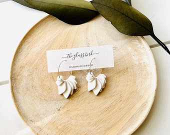 White Tiered Leaf Polymer Clay Hoop Earrings