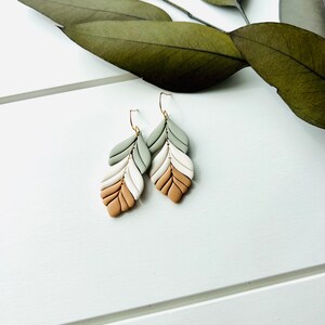 Sage Green Cream Camel Feather Polymer Clay Earrings image 8