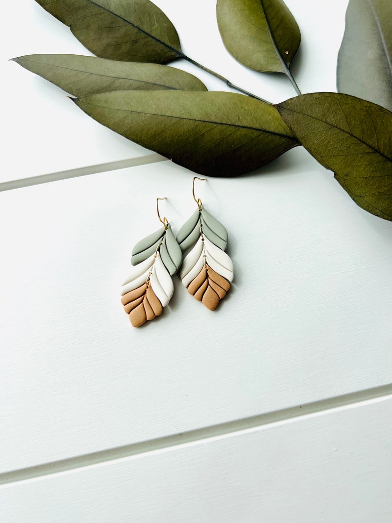 Sage Green Cream Camel Feather Polymer Clay Earrings image 8